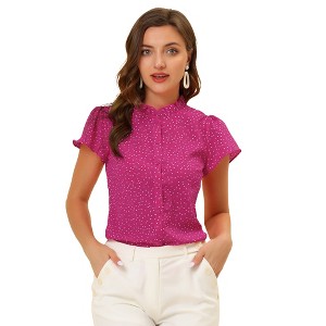 INSPIRE CHIC Women's Dots Print Ruffle Neck Short Sleeve Button Up Shirts - 1 of 4