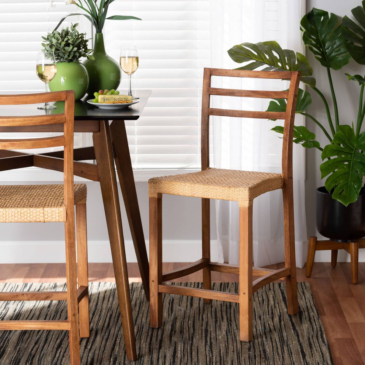 Arthur Wood and Rattan Counter Height Barstool Natural/Walnut - bali & pari: Bohemian Style, No Assembly Required - thumbnail 2