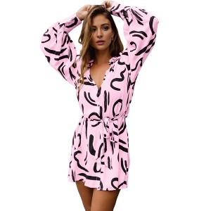 BLUEMING Womens Collar V Neck Striped Shirts Button Down Long Lantern Sleeves Tunic Mini Shirt Dress with Belt - 1 of 4