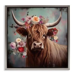 Stupell Industries Cow with Vintage Florals Floating Frame Canvas Art - 1 of 4