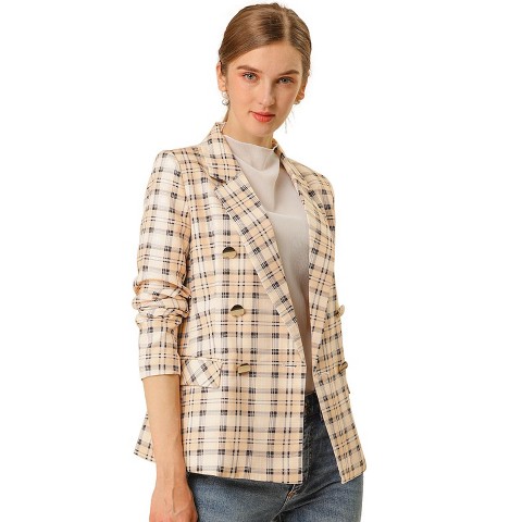 INSPIRE CHIC Women's Notched Lapel Double Breasted Plaid Formal Blazer Apricot X-Large