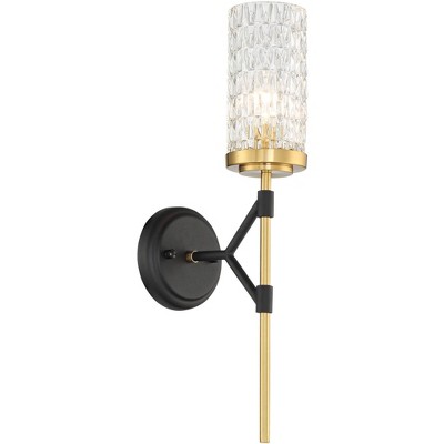 Possini Euro Design Modern Wall Light Sconce Black Brass Hardwired 19" High Fixture Faceted Cylinder Glass for Bedroom Bathroom
