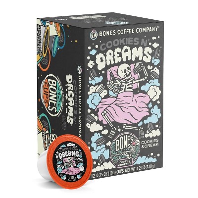 Bones Coffee Cookies N' Dreams Cookies and Cream Flavor 12ct Single-Serve Bones Cups Coffee Pods Compatible with Keurig Coffee Maker