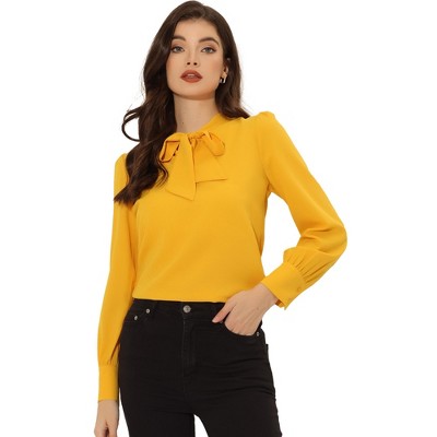 INSPIRE CHIC Women's Bow Tie Neck Elegant Long Sleeve Solid Work Office Blouse