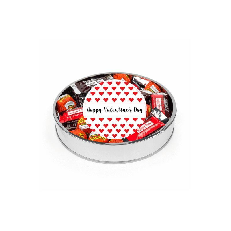 Valentine's Day Sugar Free Candy Gift Tin Large Plastic Tin with Sticker and Hershey's Chocolate & Reese's Mix - Hearts - By Just Candy, 1 of 2