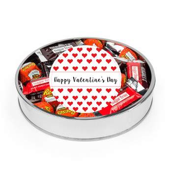 Valentine's Day Sugar Free Candy Gift Tin Large Plastic Tin with Sticker and Hershey's Chocolate & Reese's Mix - Hearts - By Just Candy