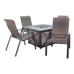 Courtyard Casual Santa Fe 5 pc Square Fire Pit Set with Wicker Chairs  Includes One Square Fire Pit and Four Wicker Chairs - 1 of 4