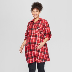 Maternity Long Sleeve Plus Size Plaid Flannel Popover Tunic - Isabel Maternity by Ingrid & Isabel Red 1X, Women