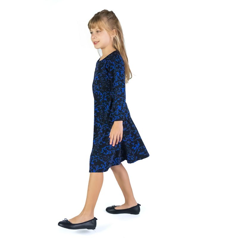 24seven Comfort Apparel Girls Black and Blue Long Sleeve Loose Fit Knee Length Tunic Pocket Dress, 2 of 5