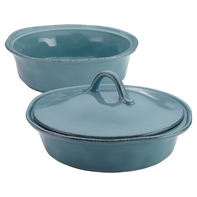 Rachael Ray Cucina Stoneware Set of 2 Round Casserole with Shared Lid - Blue (1.5 qt and 2qt)