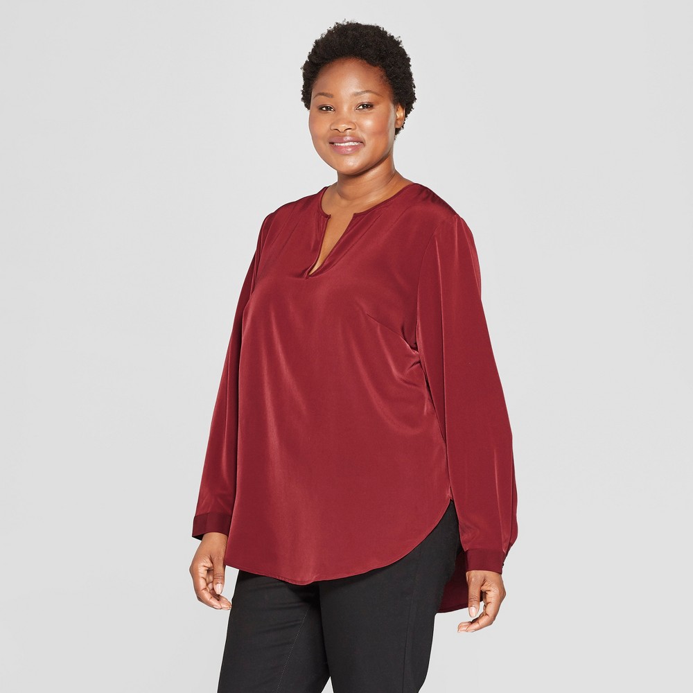 Women's Plus Size Long Sleeve Woven Popover - Ava & Viv Burgundy (Red) X