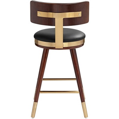 Walnut and Black Leather Counter Stool with Gold Metal Footrest