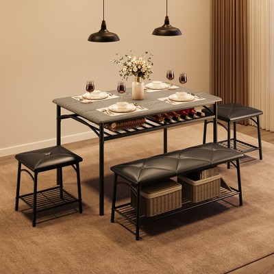 Dining Table with Benches, Kitchen Table Set for 4, Metal and Wood Dining Table Set for 4 with Storage for Small Space