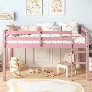 Okak Twin/Full Solid Rubber Wood Loft Bed with Ladder & Strengthened Slats,Wooden Bed Frame for Kids Room,Bedroom - 1 of 4