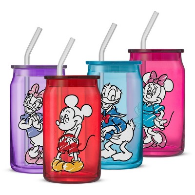 Mickey & Friends Color Sketch Can Glass w/ Lids & Straws, 16oz set of 4