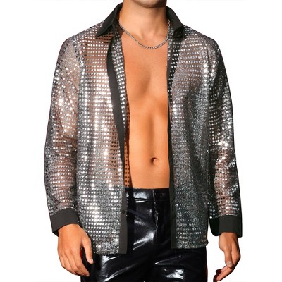 Lars Amadeus Men's Long Sleeves Party Disco See Through Sequin Shirts