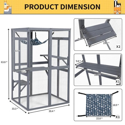 Grey Wooden Outdoor Cat House with Platforms and Hammock