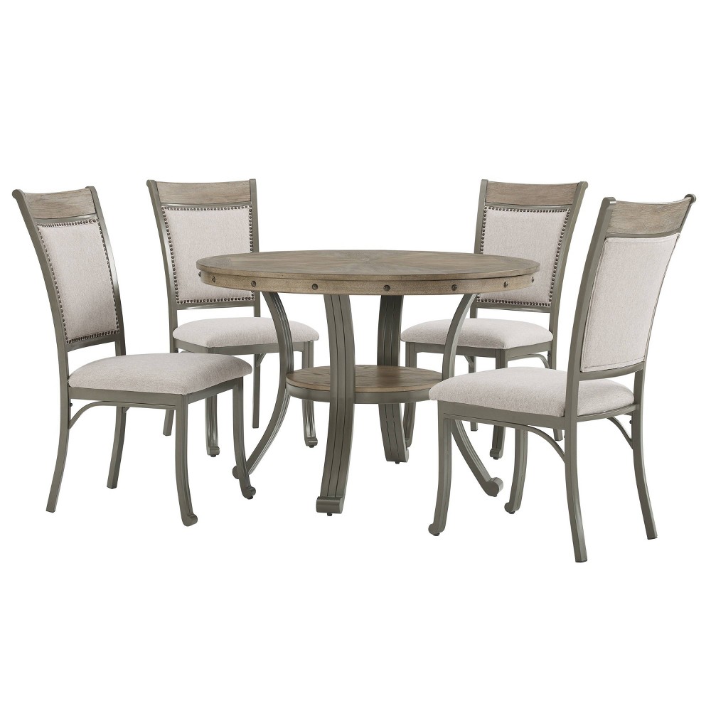 Photos - Dining Table 5pc Angelo Nailhead Trim Upholstered Chairs & Grey Ash Wood Table Set - Po