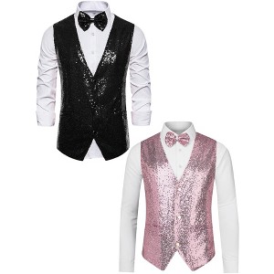 Lars Amadeus Men's Glitter Sequin Sleeveless Suit Vest Set with Bow Tie 2 Packs - 1 of 4