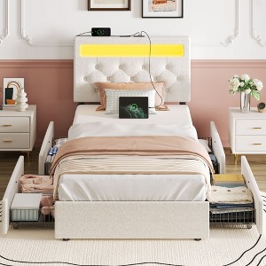 Greenstell Bed Frame with Adjustable Upholstered Headboard  and Storage 4 Drawers Charging Station & LED Lights Wood - 1 of 4