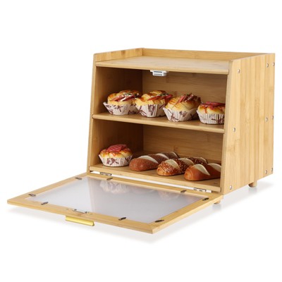 Double Layer Bread Box for Kitchen Counter, Large Capacity Bread Box, Bamboo Bread Storage Container, Farmhouse Bread Storage Bin with Window
