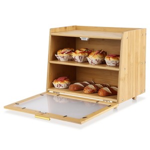 Double Layer Bread Box for Kitchen Counter, Large Capacity Bread Box, Bamboo Bread Storage Container, Farmhouse Bread Storage Bin with Window - 1 of 4