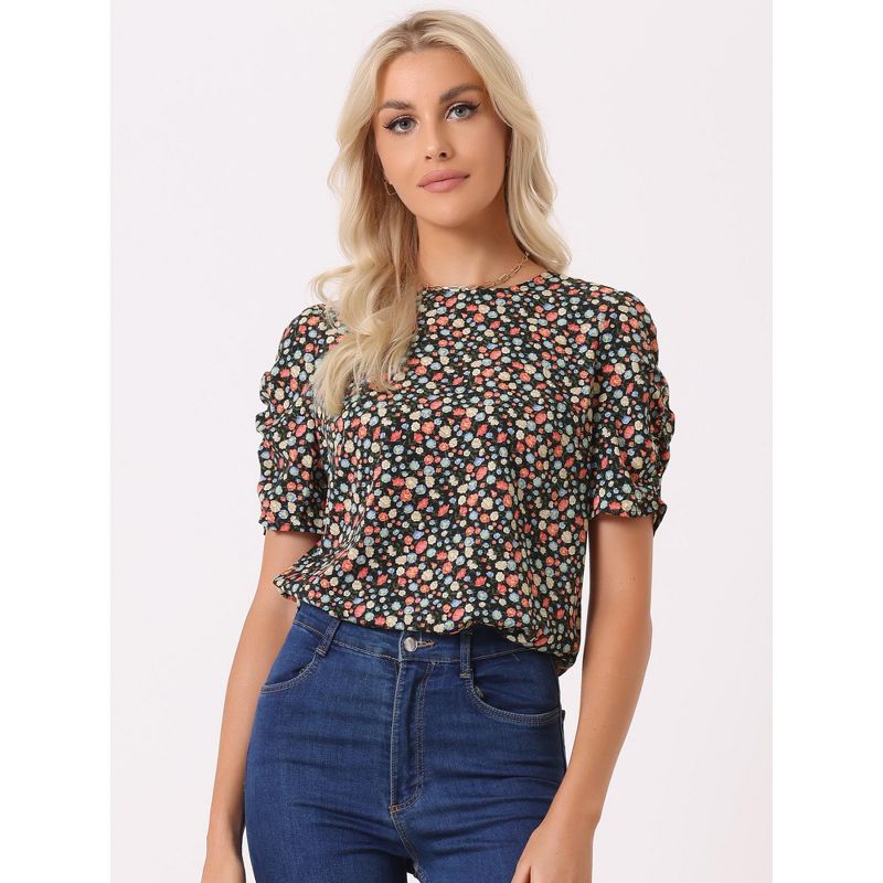 Allegra K Women's Floral Summer Crew Neck Casual Shirred Short Sleeve Blouse, 4 of 8