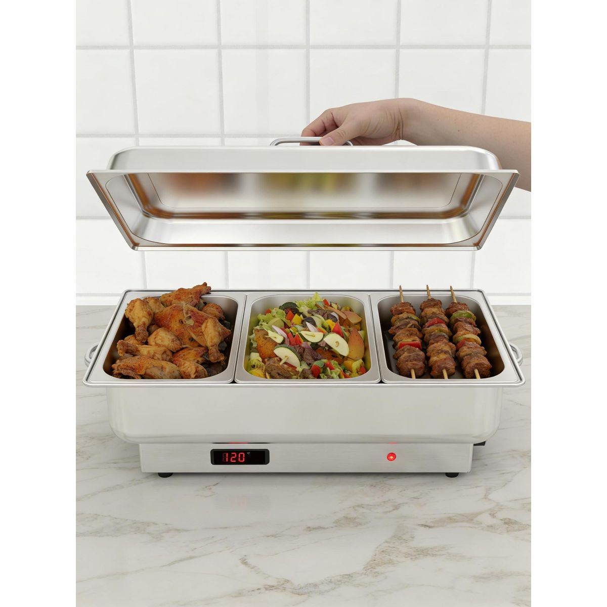 Garvee 2 Pack Electric Chafing Dish Buffet Set, 9QT Stainless Steel Food Servers and Warmers, with Temperature Control Display - thumbnail 4