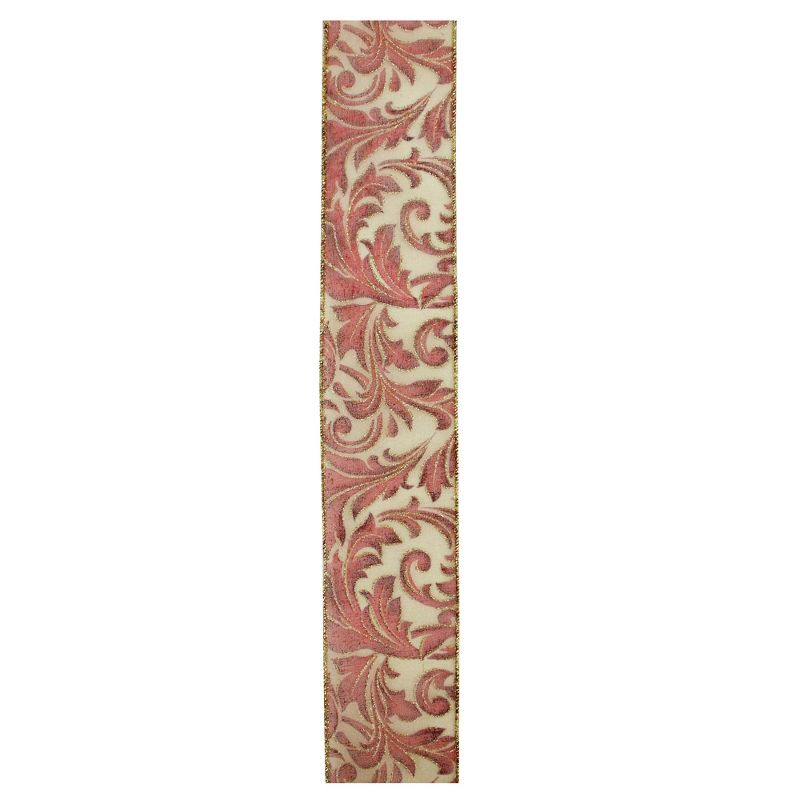 Northlight Burgundy Red Scroll Print Gold Wired Mesh Christmas Craft Ribbon 2.5" x 10 Yards, 2 of 4