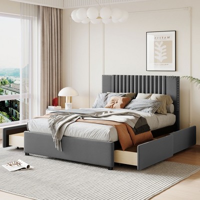 Full Size Upholstered Platform Bed With Classic Headboard And 4 Drawers ...