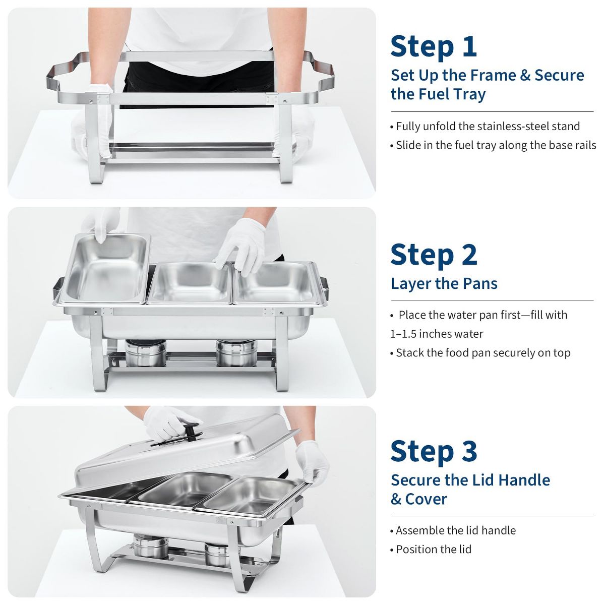 Professional Stainless Steel Chafing Dish Buffet Set, 3-Well Rectangular Food Warmer Trays for Catering & Weddings - thumbnail 4