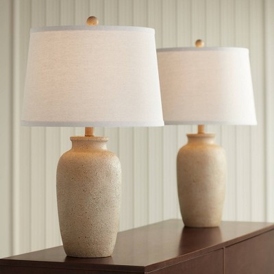 Rustic Beige Ceramic Table Lamps with Oatmeal Shades, Set of 2