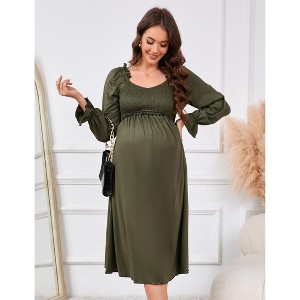 Women's Maternity Dress Long Sleeve V Neck Smocked Chest Midi Dress Photoshoot Baby Shower - 1 of 4