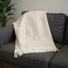 HomeRoots 55" X 70" Linen And White Herringbone Cotton Blend M Initial Throw Blanket with Tassels And Embroidery - 2 of 4
