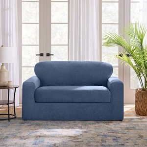 Sure Fit 2pc 73" Wide Cedar Stretch Textured Loveseat Slipcover Indigo: Polyester & Spandex, Pet Friendly - 1 of 4