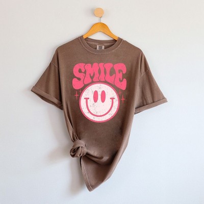 Simply Sage Market Women's Pink Distressed Smiley Face Short Sleeve Garment Dyed Tee