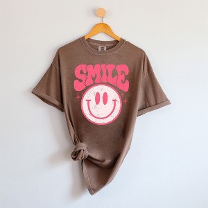 Simply Sage Market Women's Pink Distressed Smiley Face Short Sleeve Garment Dyed Tee - 1 of 1