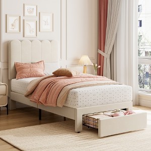 Twin Bed Frame with Under-Bed Drawer, Platform Bed with Wave Headboard for Kids/Girls, Wooden Slats Support, No Box Spring Needed - 1 of 4