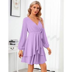 Women's Dress Deep V-Neck Long Sleeve Waist Tie Ruffle Mini Swing Skater Dresses - 1 of 4