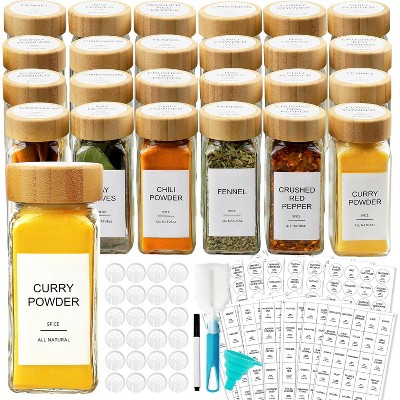 24 pcs 4oz Glass Spice Jars with 398 Labels and Bamboo Lids, Square Spice Bottles With Shaker Lids