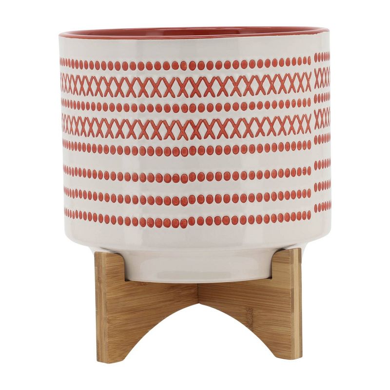Sagebrook Home Aztec Pattern Round Ceramic Planter Pot with Wood Stand, 1 of 12