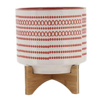 Sagebrook Home Aztec Pattern Round Ceramic Planter Pot with Wood Stand