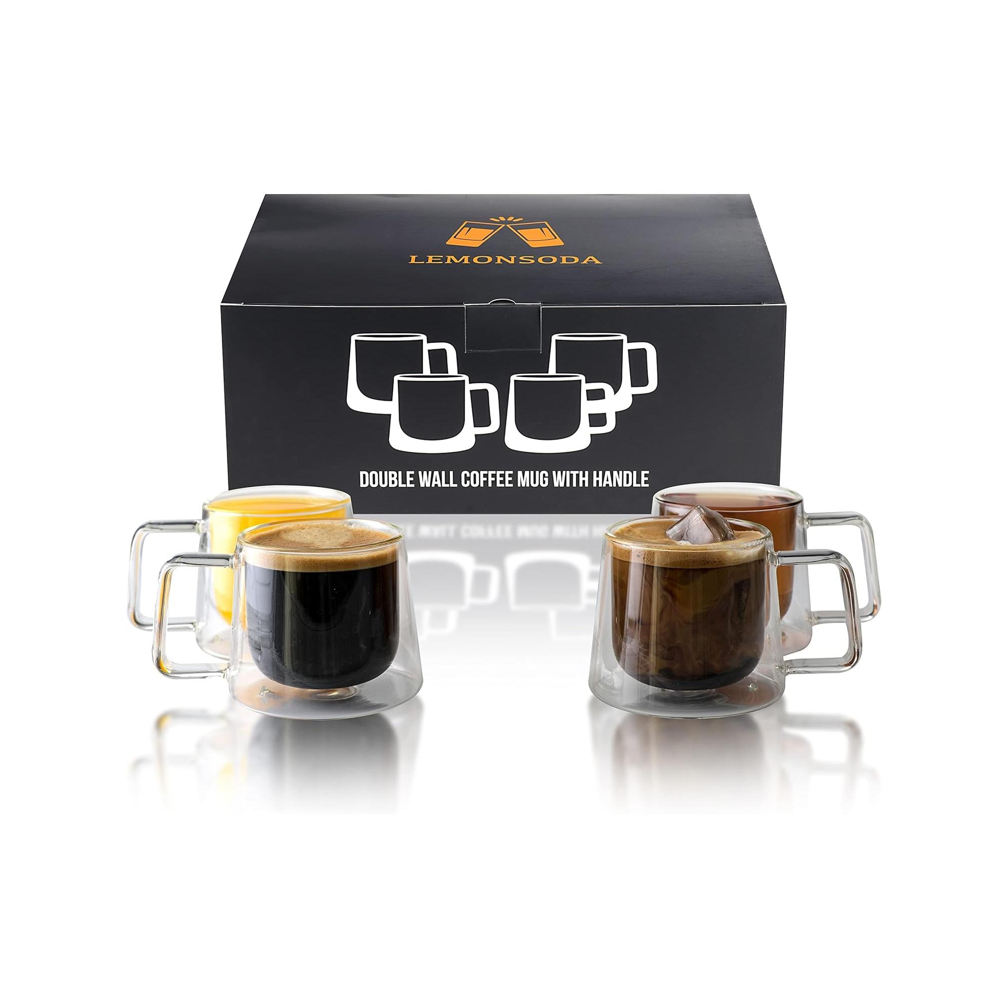 LEMONSODA Double Walled Glass Coffee Drink Mug with Handle - Set of 4 (250 mL / 8.5 fl. oz)
