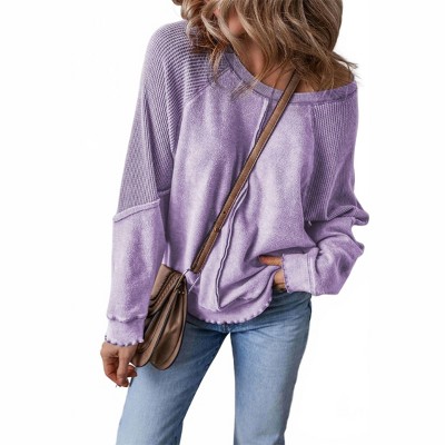Women's Waffle Patchwork Raglan Sleeve Exposed Seam Sweatshirt - Shewin