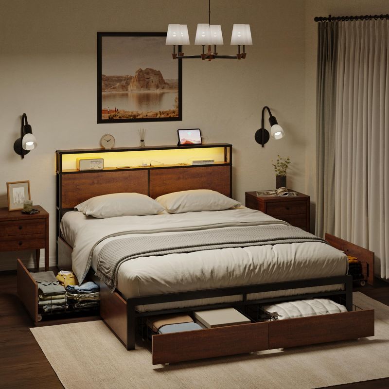 Hausource Bed Frame with Storage Headboard and 4 Drawers LED Lights Platform Bed No Box Spring Needed, 3 of 9