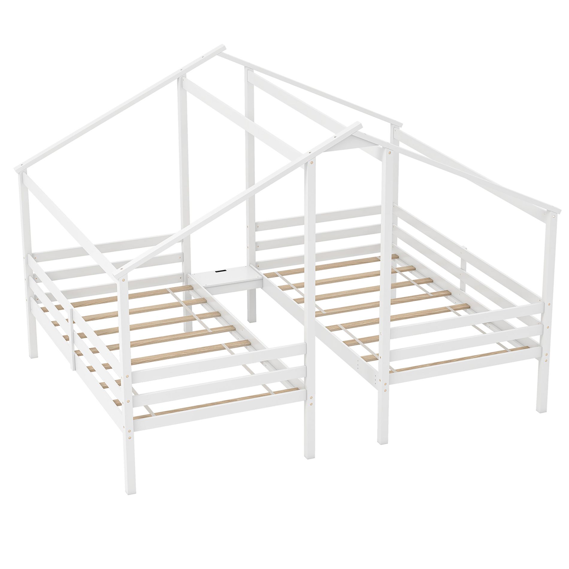 Tangkula Double Twin Size Bed Frames for Kids with Built-in Table & USB Port Guardrails
