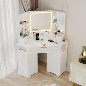Corner Vanity,Desk with Mirror and Lights,Fluted Makeup Table with Charging Station, Drawers, Storage Cabinets - 1 of 4