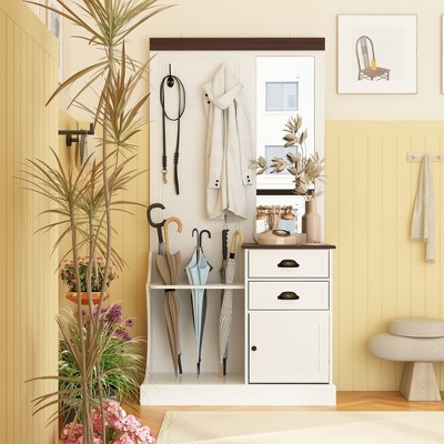 FUFU&GAGA White Mudroom Organizer Sturdy Coat Rack with Mirror Hall Tree