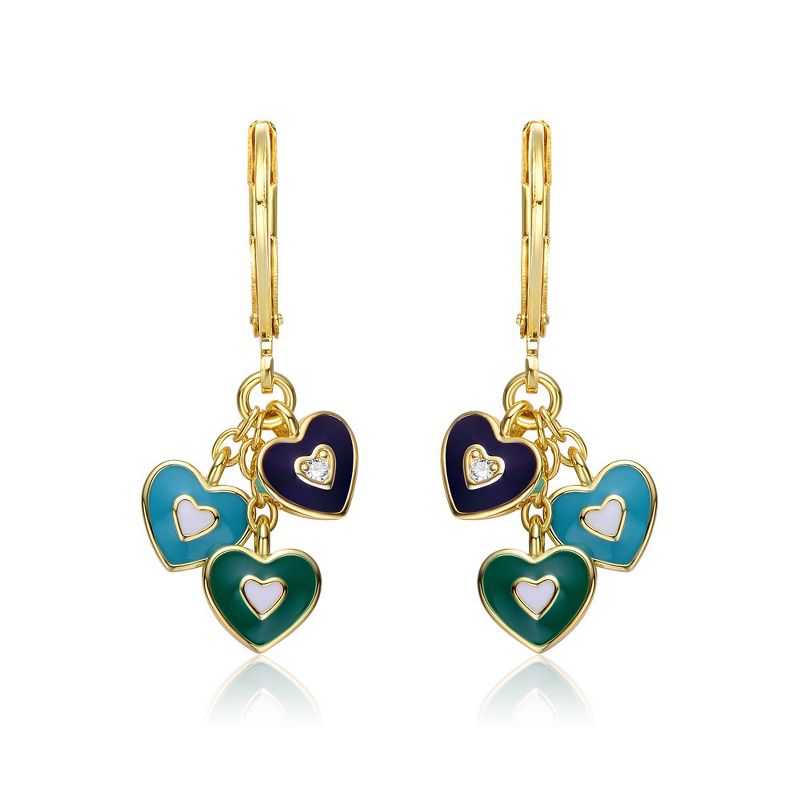 14k Yellow Gold Plated Dangling Heart earrings with Colored Enamel Kids, 1 of 4