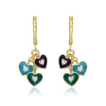 14k Yellow Gold Plated Dangling Heart earrings with Colored Enamel Kids